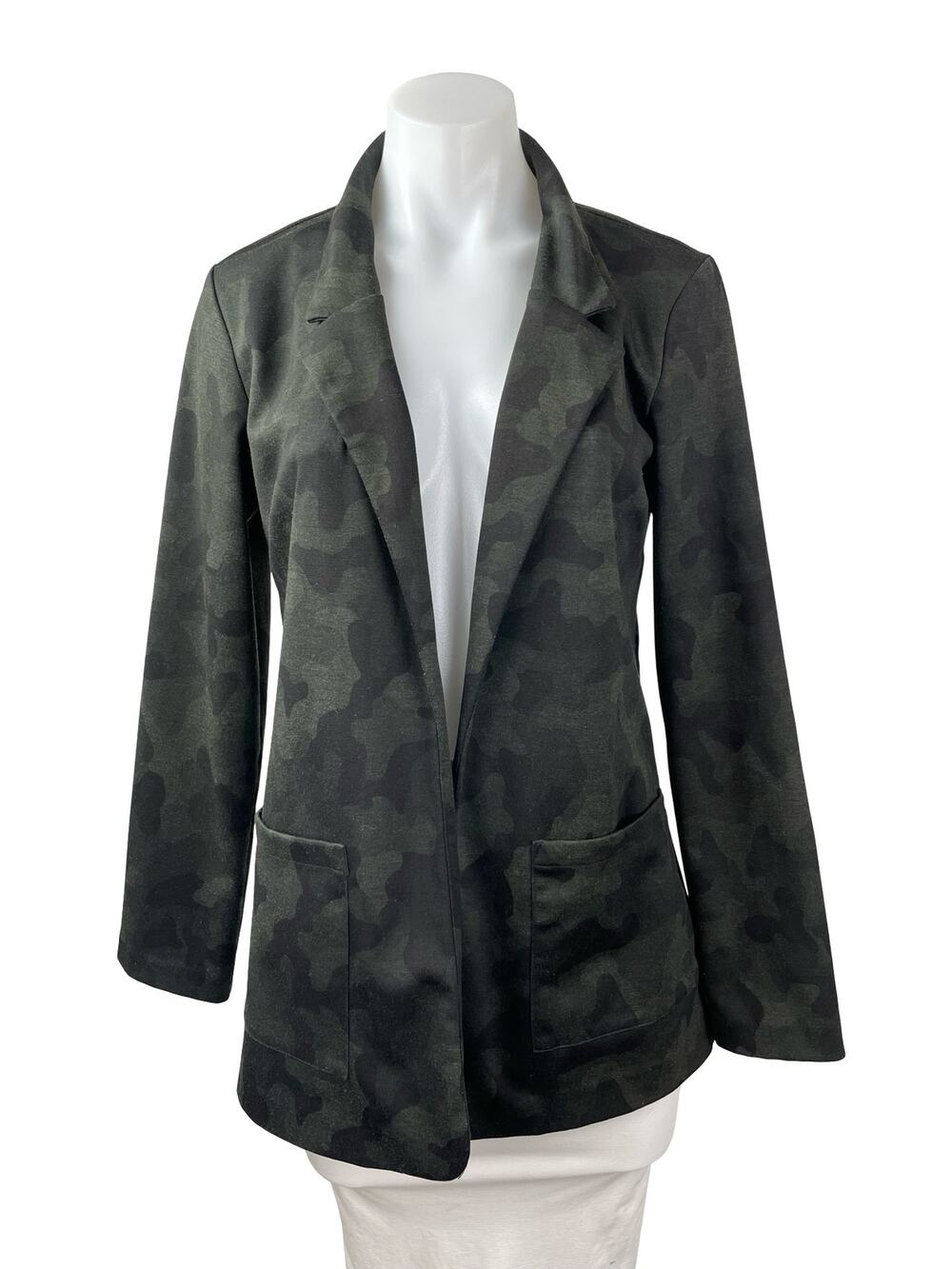 Rachel Zoe Black Green Camo Army Long Sleeve Open Blazer Coat Jacket Size S